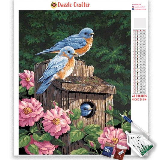 BLUE BIRDS AND PINK DAHLIAS  Diamond Painting Kit