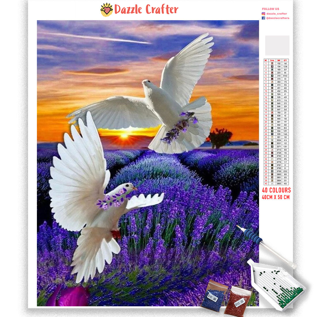 WHITE DOVES IN LILAC FLOWER FIELD  Diamond Painting Kit
