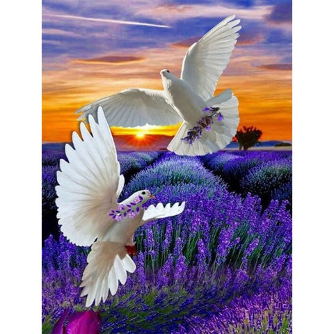 Image of WHITE DOVES IN LILAC FLOWER FIELD  Diamond Painting Kit