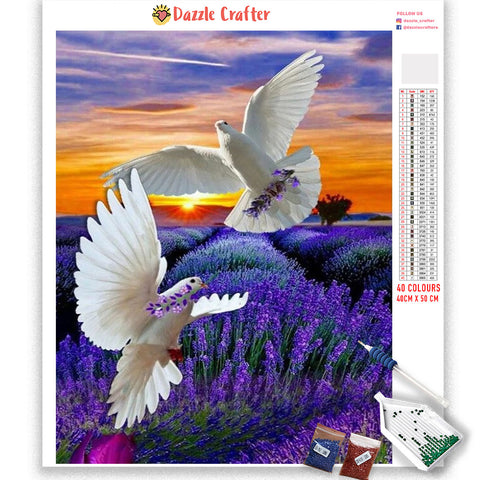 Image of WHITE DOVES IN LILAC FLOWER FIELD  Diamond Painting Kit