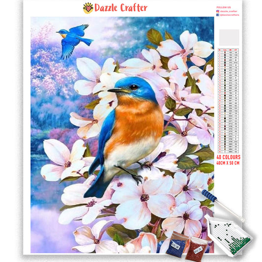 BLUE SPARROWS PINK FLOWERS Diamond Painting Kit