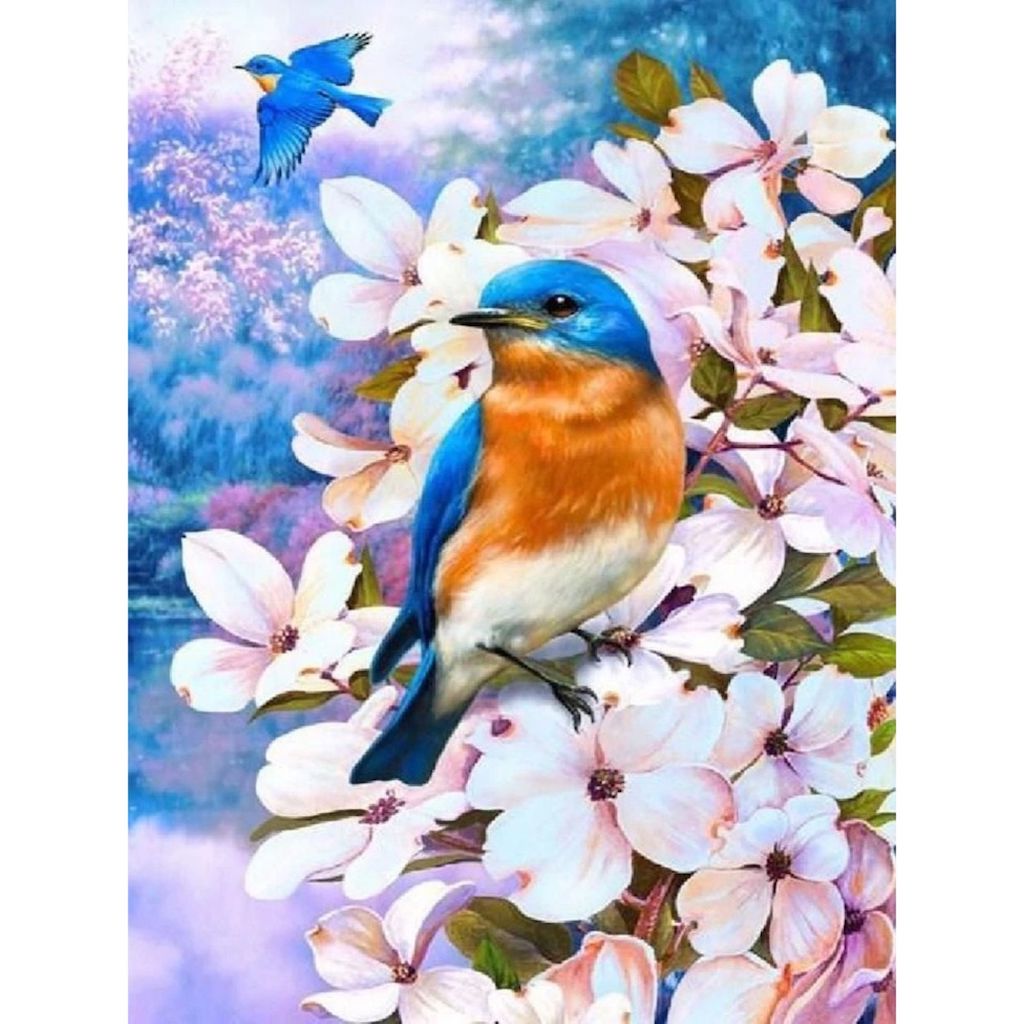 BLUE SPARROWS PINK FLOWERS Diamond Painting Kit