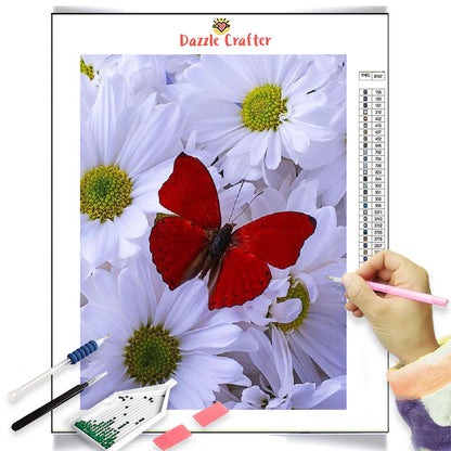 RED BUTTERFLY ON WHITE DAISIES Diamond Painting Kit