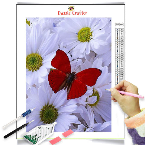 Image of RED BUTTERFLY ON WHITE DAISIES Diamond Painting Kit