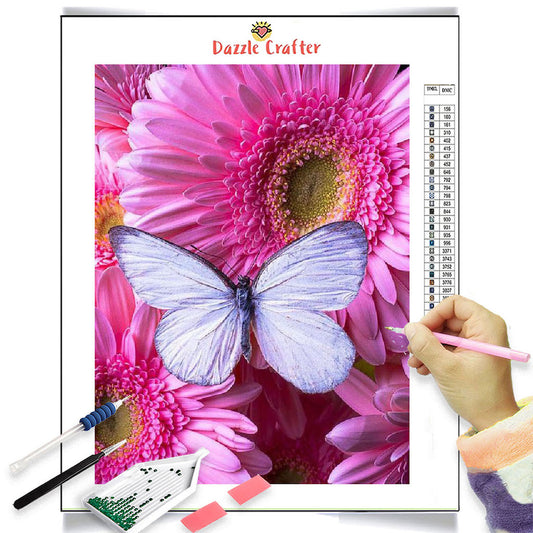 BUTTERFLY ON PINK DAISIES Diamond Painting Kit