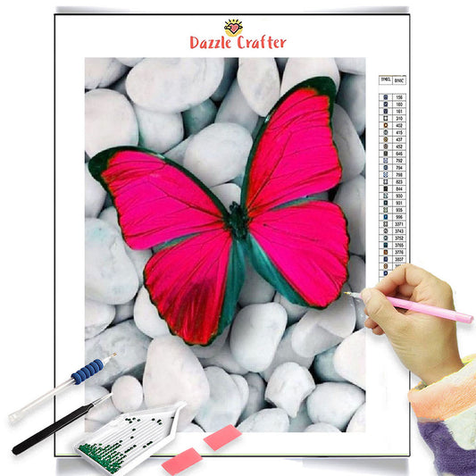 RED BUTTERFLY ON WHITE PEBBLES Diamond Painting Kit