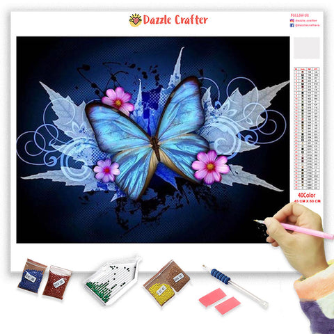 Image of BLUE BUTTERFLY WITH PINK FLOWERS Diamond Painting Kit
