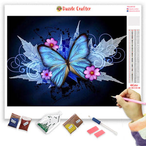 BLUE BUTTERFLY WITH PINK FLOWERS Diamond Painting Kit