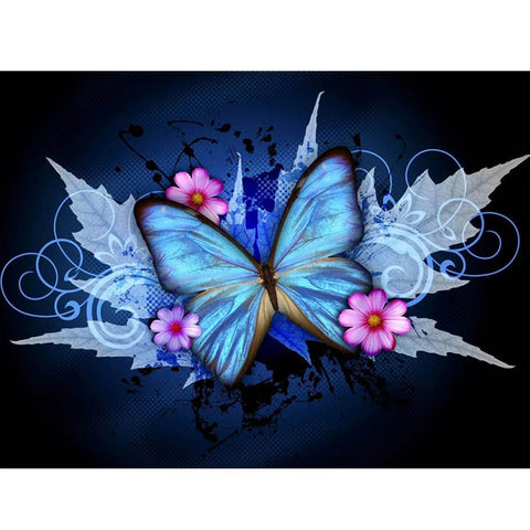 Image of BLUE BUTTERFLY WITH PINK FLOWERS Diamond Painting Kit
