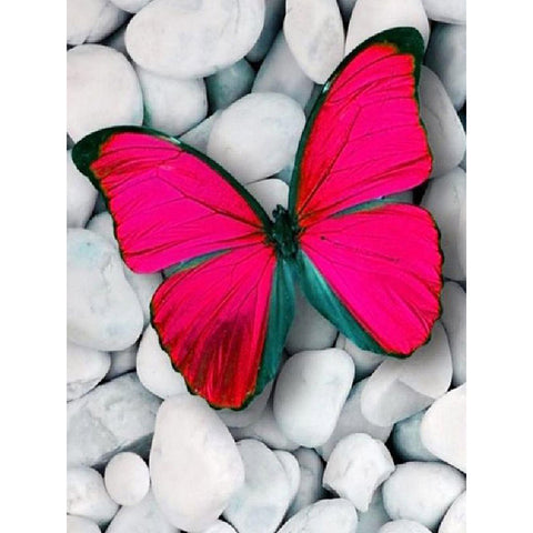 Image of RED BUTTERFLY ON WHITE PEBBLES Diamond Painting Kit