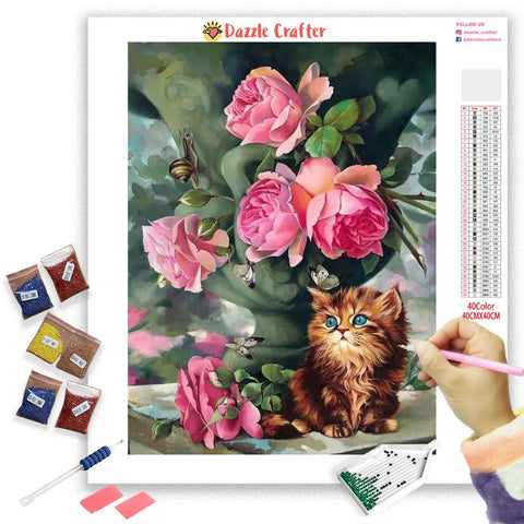 Image of PINK ROSES WITH GOLDEN KITTEN Diamond Painting Kit - DAZZLE CRAFTER