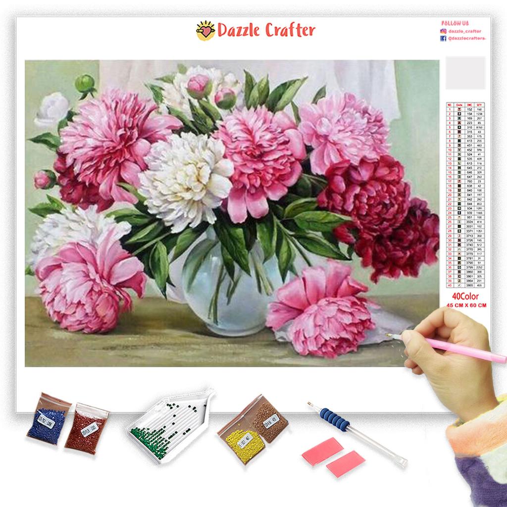 PINK & WHITE FLOWERS IN VASE Diamond Painting Kit