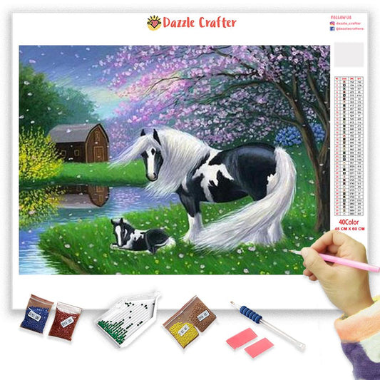 FANTASY WHITE HORSE WITH CHERRY BLOSSOMS Diamond Painting Kit