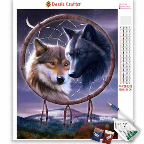 Image of DREAMCATCHER TWIN WOLVES Diamond Painting Kit