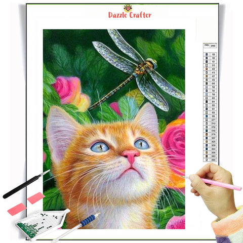 Image of CAT WITH A DRAGONFLY Diamond Painting Kit - DAZZLE CRAFTER