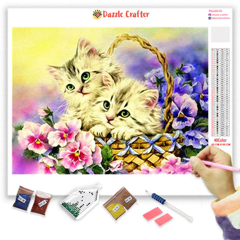 Image of KITTENS IN WICKER BASKET Diamond Painting Kit - DAZZLE CRAFTER