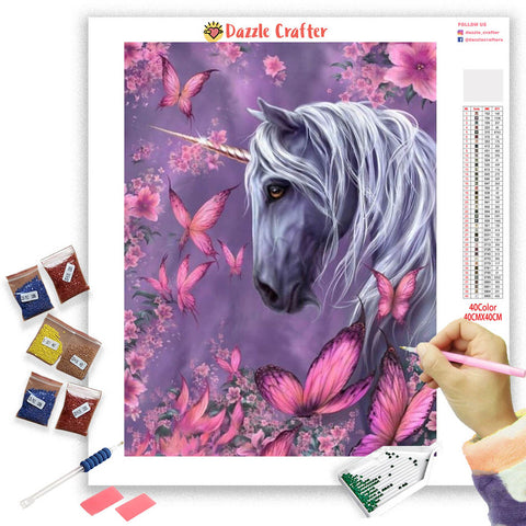 Image of UNICORN WITH PINK BUTTERFLIES Diamond Painting Kit - DAZZLE CRAFTER