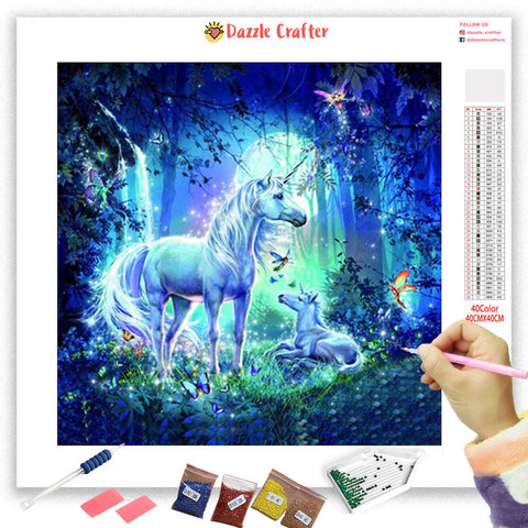 Image of BLUE UNICORN IN THE FOREST Diamond Painting Kit - DAZZLE CRAFTER