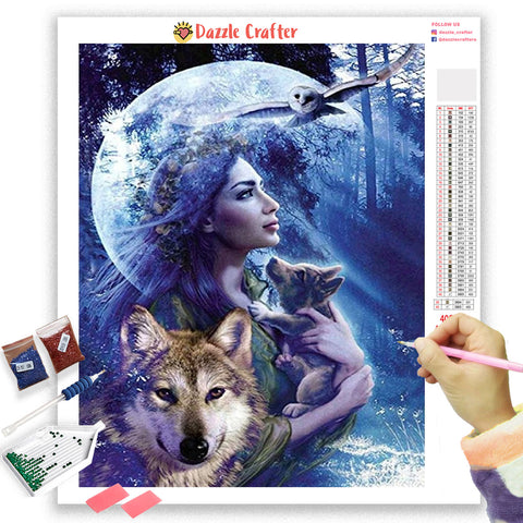 Image of NIGHT QUEEN WITH WOLVES Diamond Painting Kit