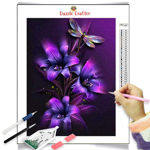 Image of NEON PURPLE LILIES WITH DRAGONFLY Diamond Painting Kit