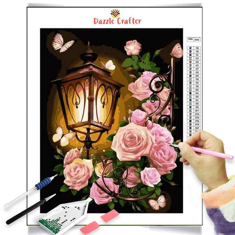 Image of VINTAGE STREET LAMP WITH PINK ROSES Diamond Painting Kit