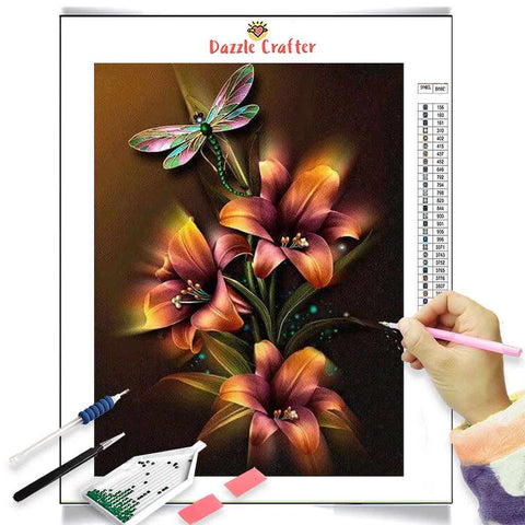Image of NEON YELLOW LILIES WITH DRAGONFLY Diamond Painting Kit
