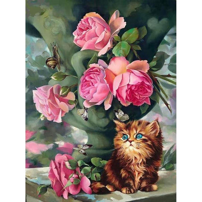 PINK ROSES WITH GOLDEN KITTEN Diamond Painting Kit - DAZZLE CRAFTER