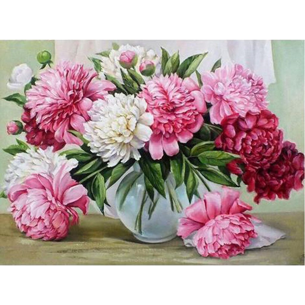 PINK & WHITE FLOWERS IN VASE Diamond Painting Kit