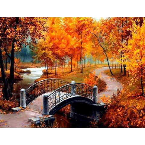 Image of CROSSING THE BRIDGE IN AUTUMN SERIES Diamond Painting Kit