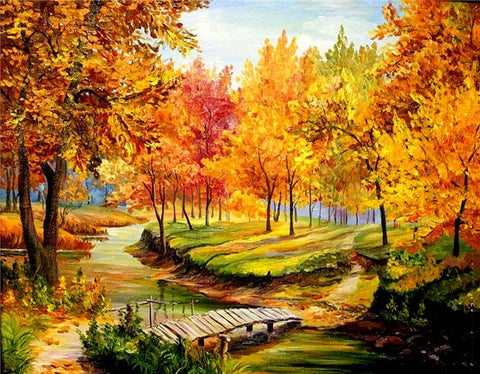Image of CROSSING THE BRIDGE IN AUTUMN SERIES Diamond Painting Kit - DAZZLE CRAFTER