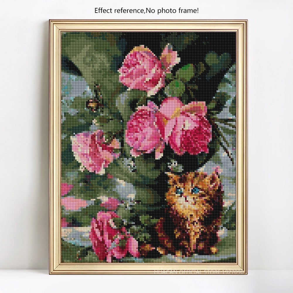 PINK ROSES WITH GOLDEN KITTEN Diamond Painting Kit - DAZZLE CRAFTER