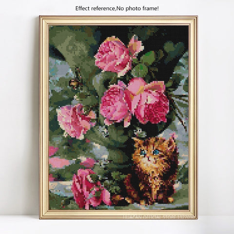 Image of PINK ROSES WITH GOLDEN KITTEN Diamond Painting Kit - DAZZLE CRAFTER