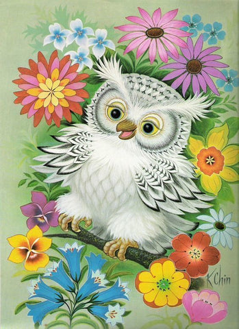 Image of BABY OWL WITH FLOWERS Diamond Painting Kit - DAZZLE CRAFTER